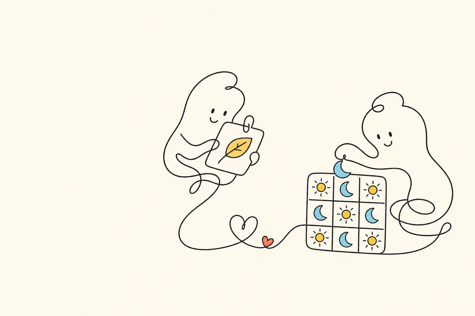 Minimal line illustration of one character holding a recipe clipping while another arranges a sun and moon puzzle.