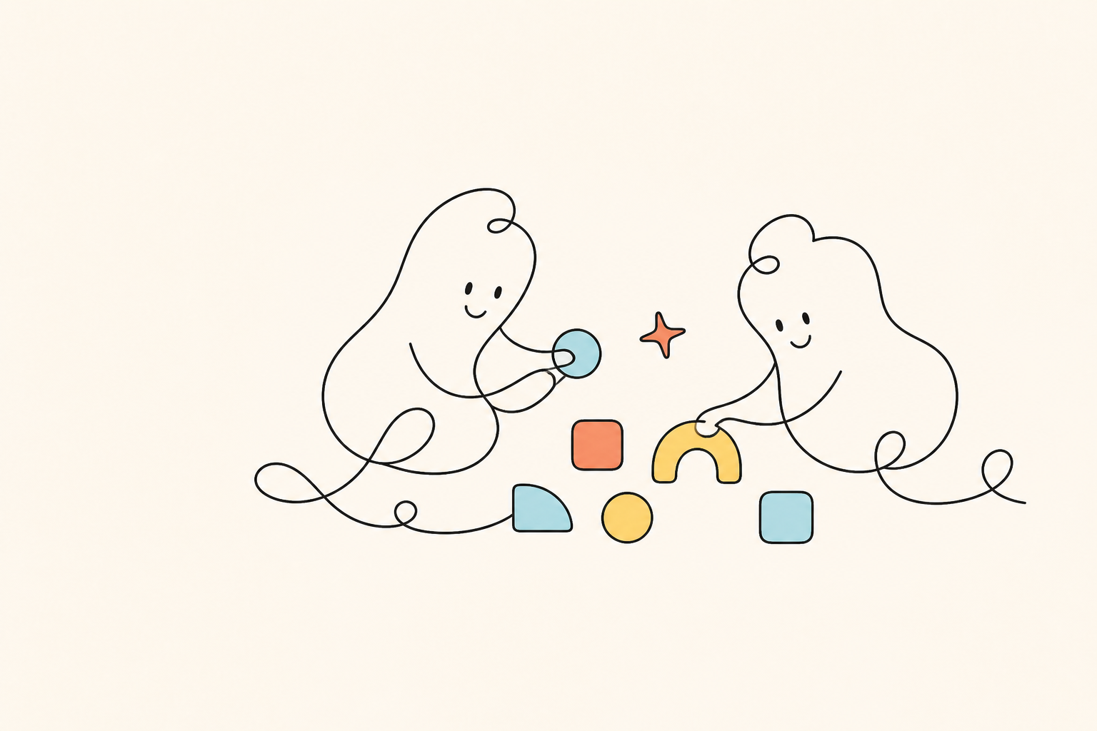 Minimal line illustration of two abstract characters calmly arranging colorful geometric shapes together.